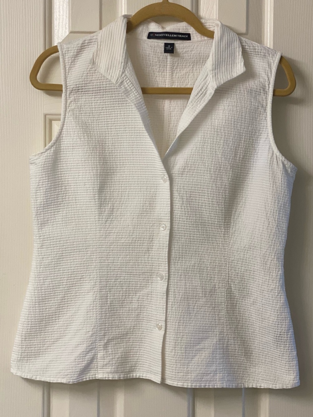 COMPANY ELLEN TRACY White Sleeveless Button-Down Textured Collared Top Size 12